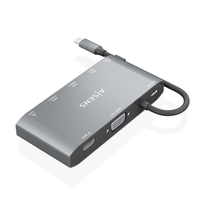 Aisens USB-C Dock 8 en 1 ASUC-8P010-GR Gris con HDMI, VGA y RJ45